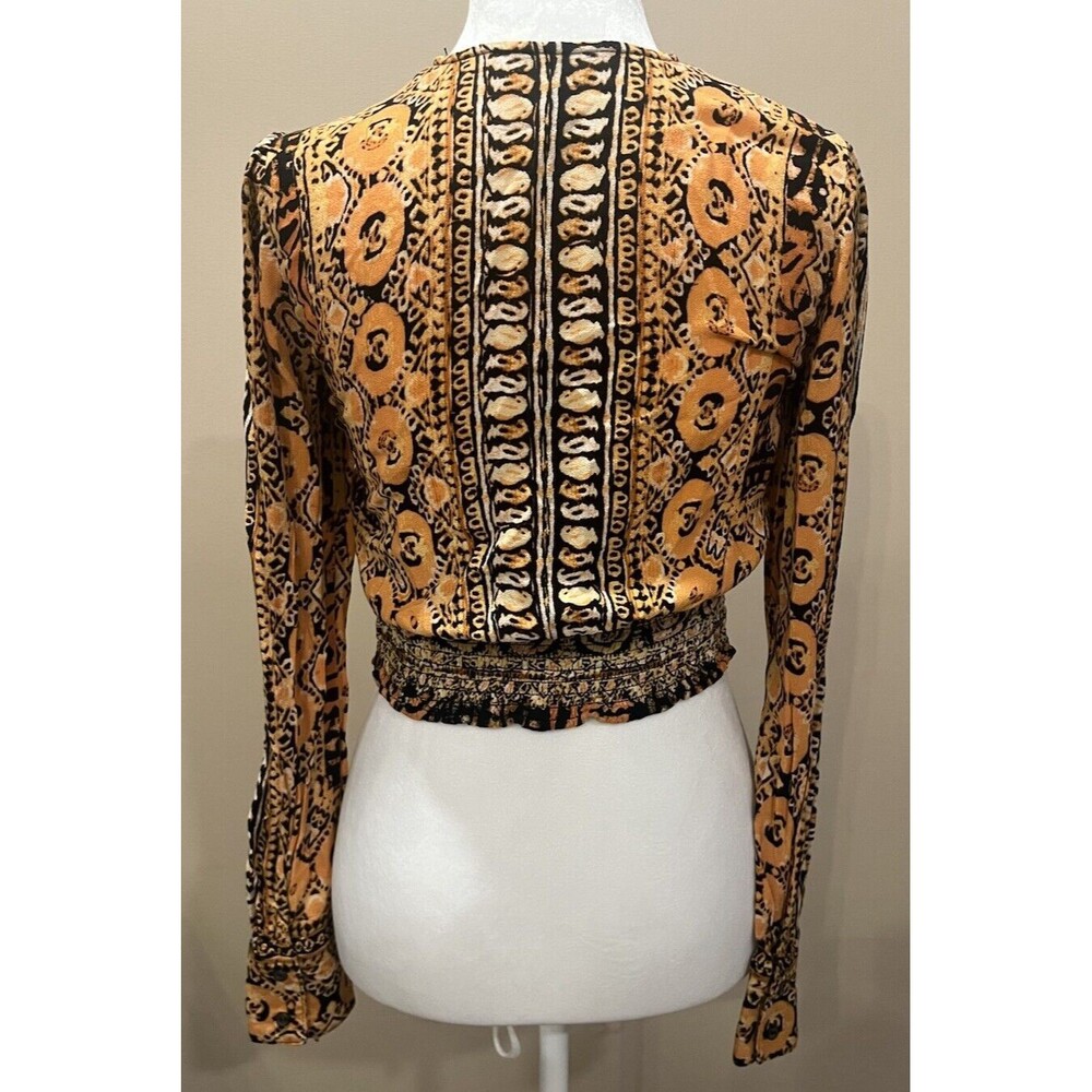 Free People Golden Yellow Orange Boho Paisley V-neck Crop Top Blouse X-Small - Picture 3 of 13